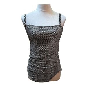 DKNY Womens Plus Black White Geometric Print Ruched One Piece Swimsuit XXL